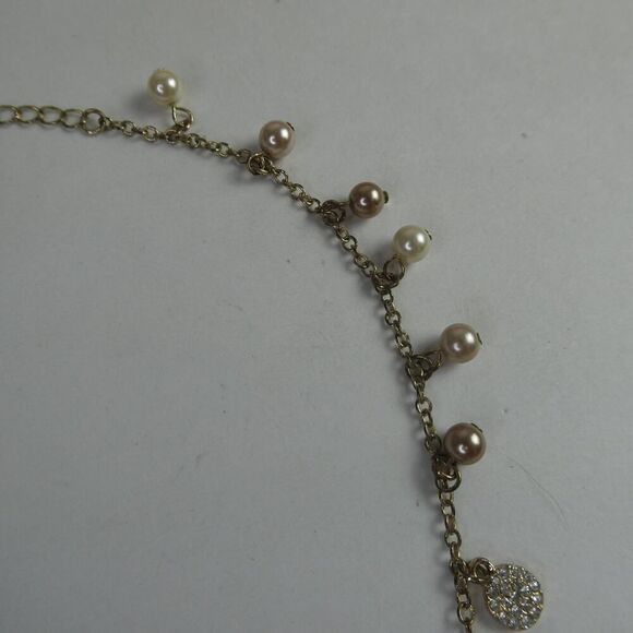 Chaps Gold Tone Dangle Faux Pearl Neutral Rhinestone Charm Necklace Movement - Picture 6 of 8